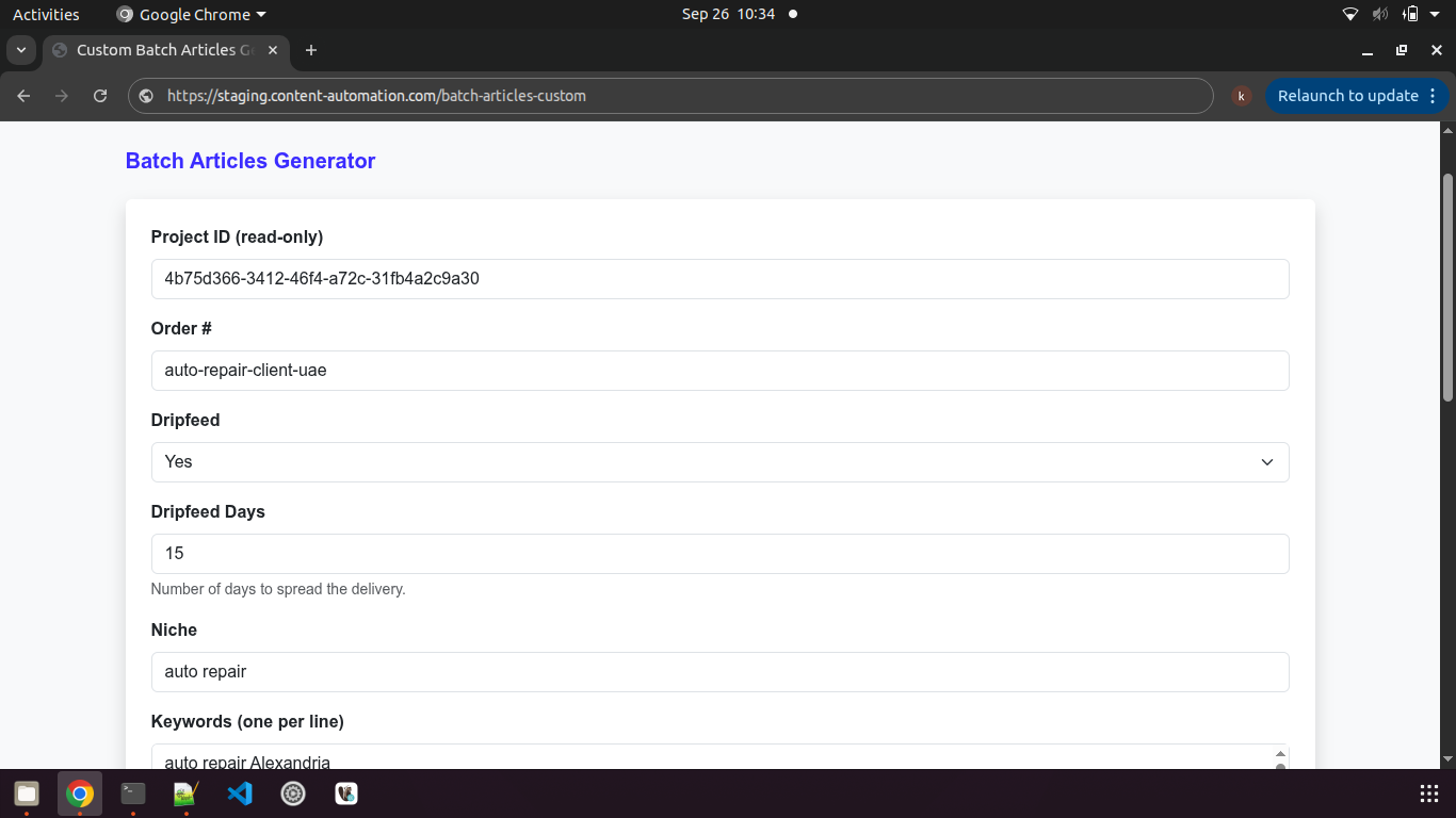 Basic project config: project ID, order number, dripfeed, dripfeed days, niche, keywords