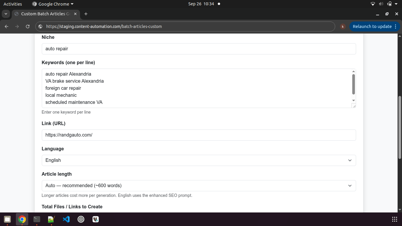 Client link URL, language dropdown, article length, total files/articles to create