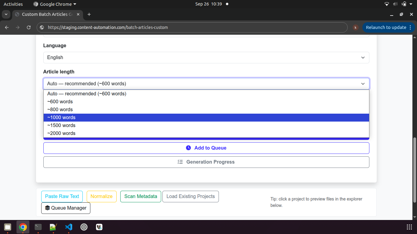 Article length dropdown with word count presets