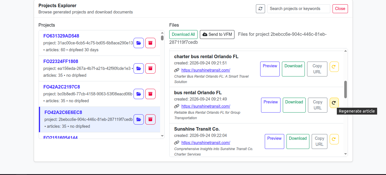 Batch Articles Generator project dashboard