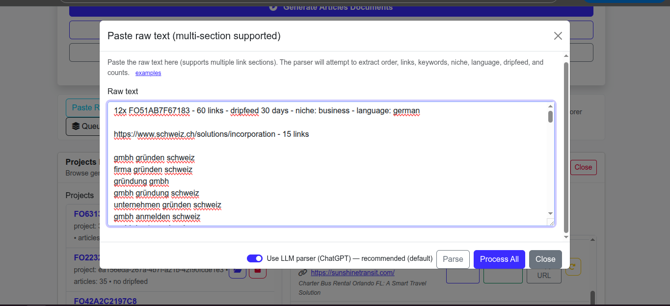 Bulk order configuration screen