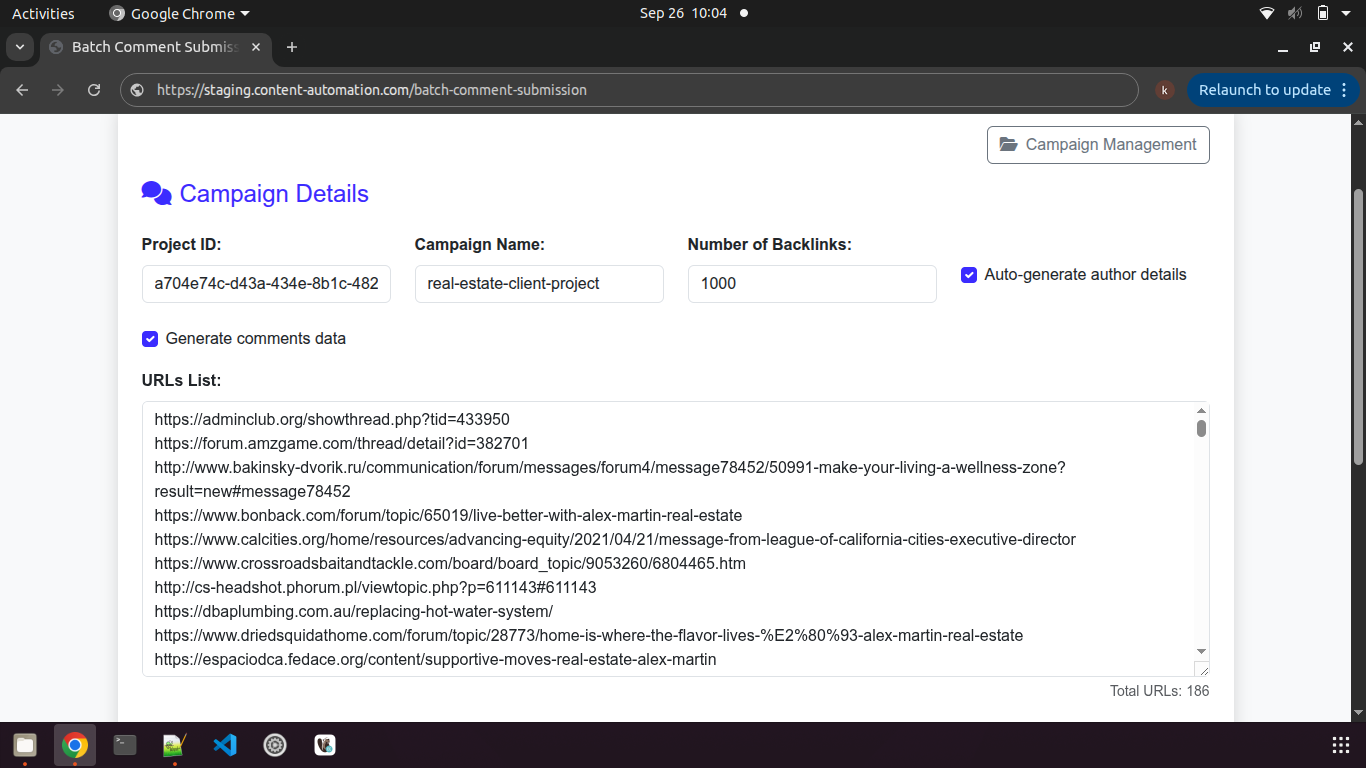 Batch Blog Comment Submission campaign form