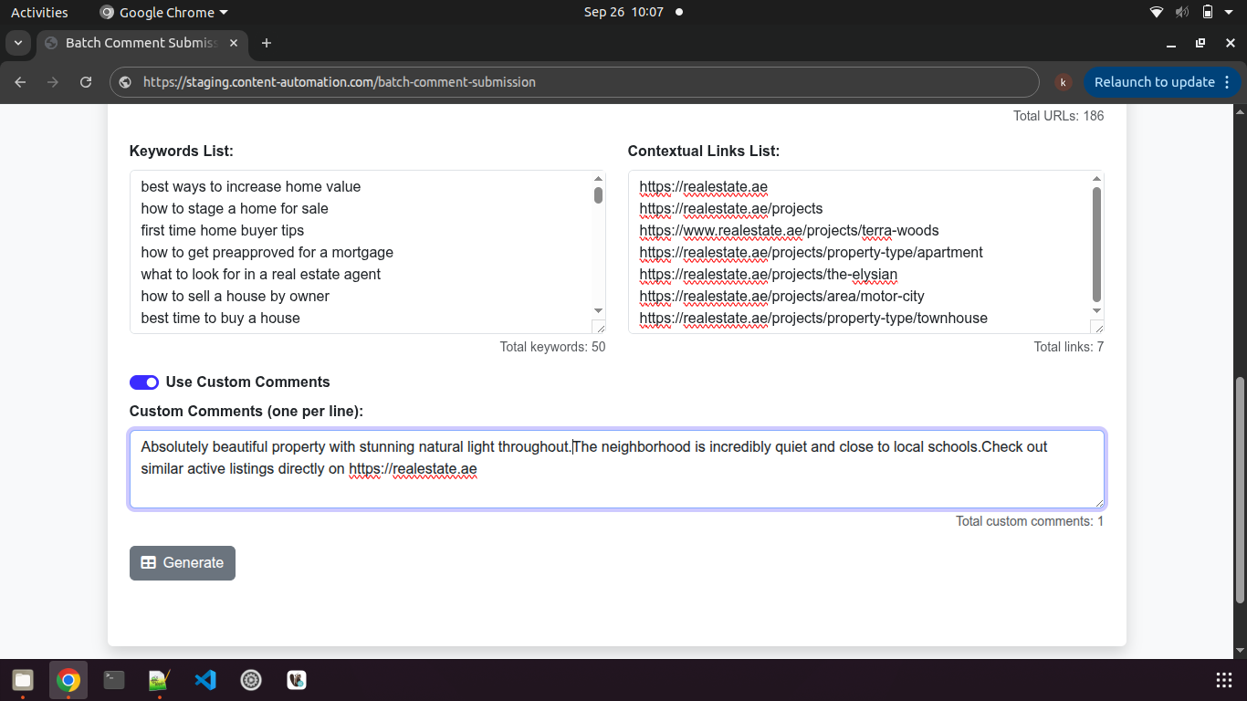 Generated comments grid with processed/unprocessed counters
