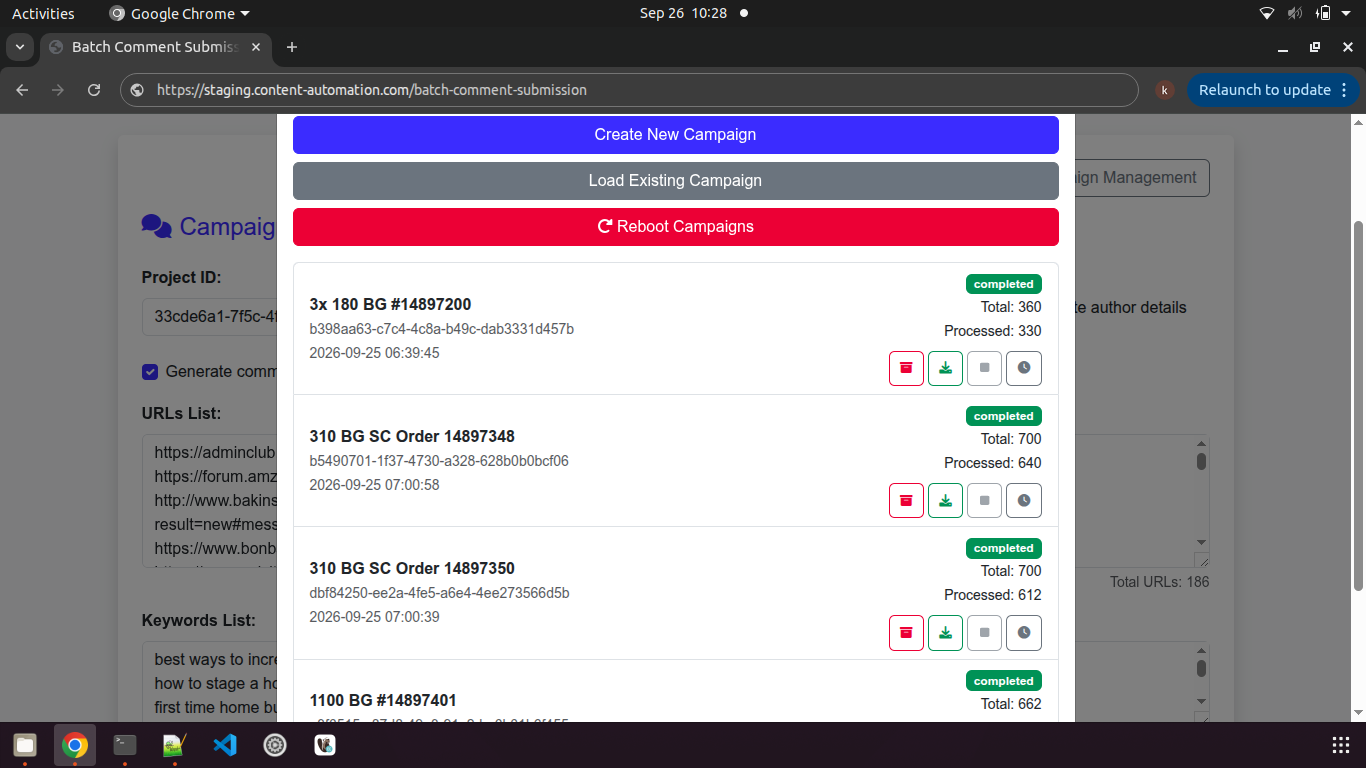 Batch Blog Comment Submission dashboard stats